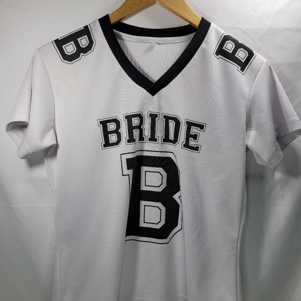 Women's White and Black Bride Football Jersey Style Short Sleeve T-Shirt